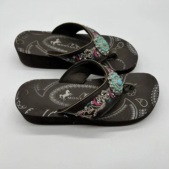 Montana West Flip-Flops Size 9 Brown Turquoise & Rhinestones Sandals - Picture 2 of 6